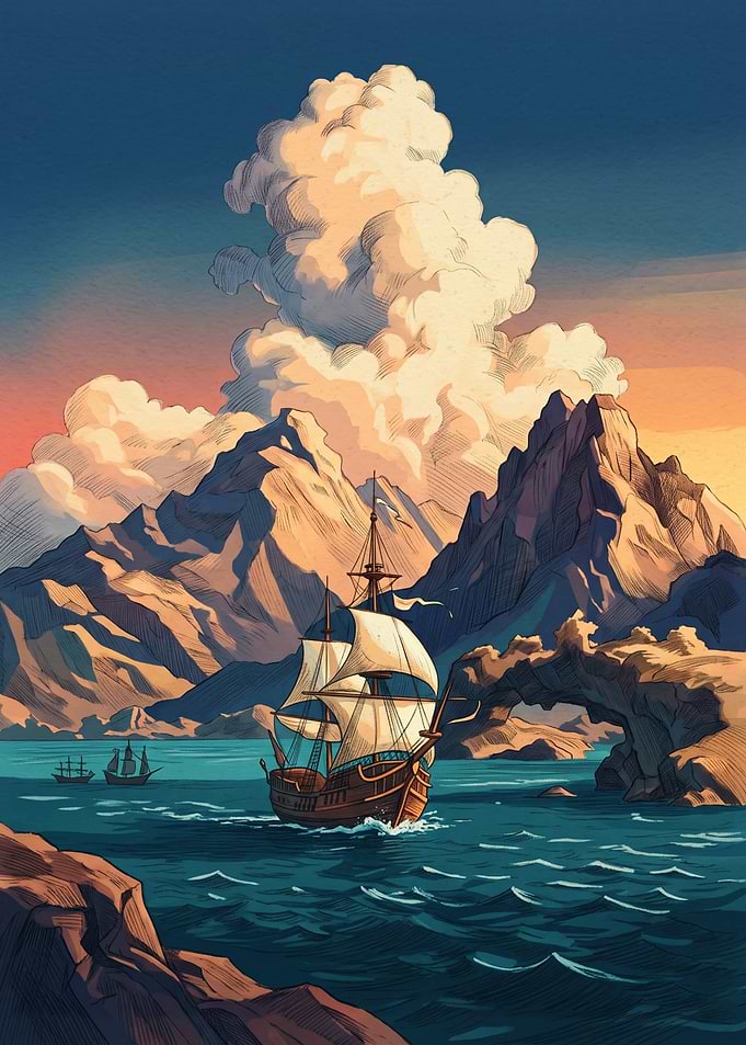Sailing Ship Mountain Landscape Adventure Vintage Seascape Anime Art Style