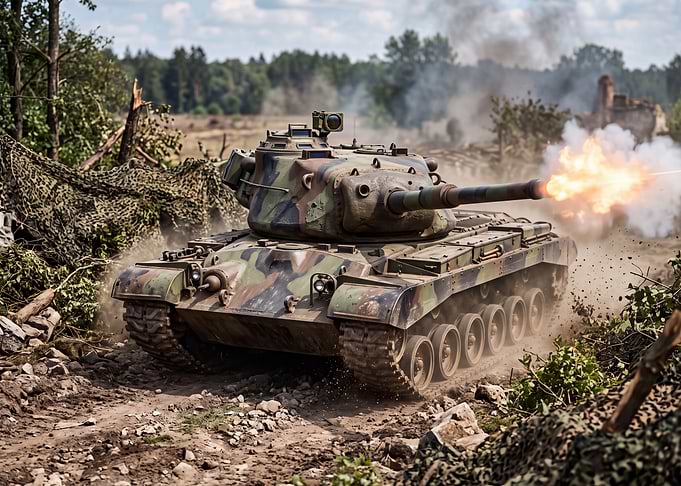 Camouflaged Battle Tank Firing Cannon