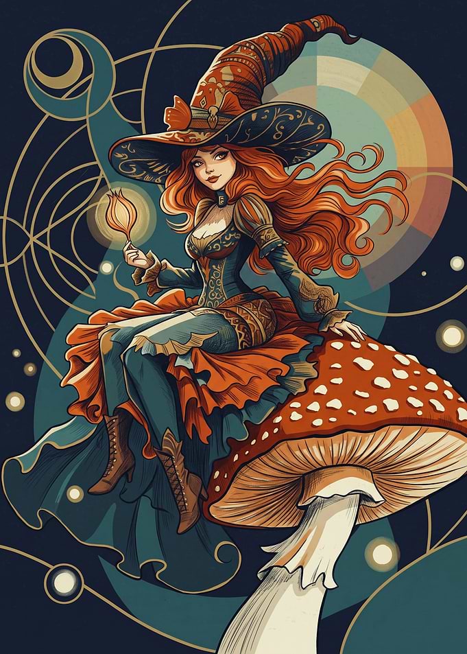 Witch Sitting On Mushroom Fantasy Magic Art Nouveau Style