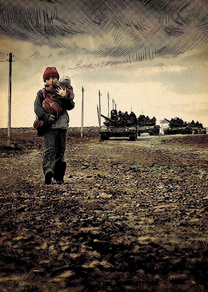 War Refugee Child Tanks Vintage Art