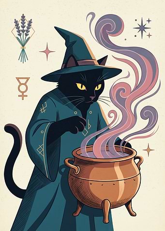 Black Cat Witch Brewing Magic Potion Illustration Magic Fantasy Art