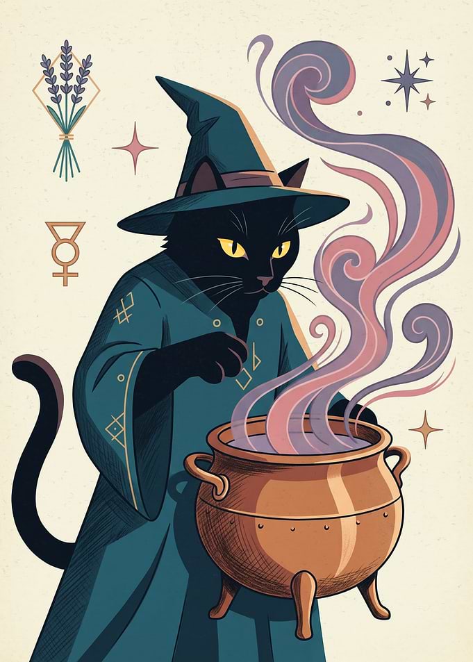 Black Cat Witch Brewing Magic Potion Illustration Magic Fantasy Art