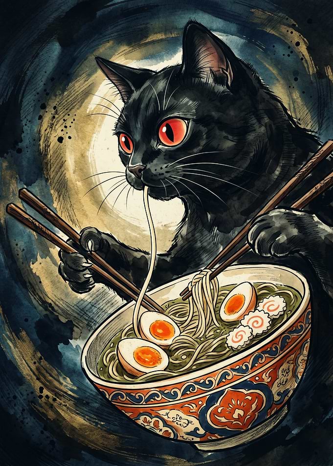 Black Cat Eating Ramen Noodles Food Cat Niche Japanese Ink Wash Watercolor Painting Style