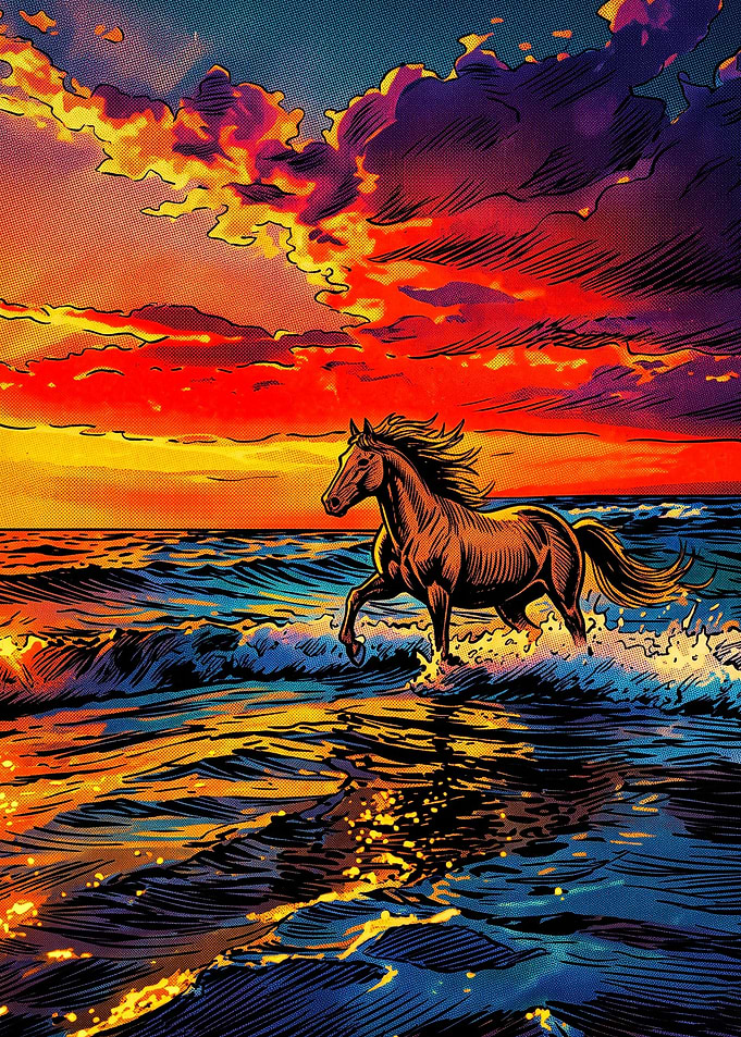 Horse Sunset Ocean Retro Anime Post