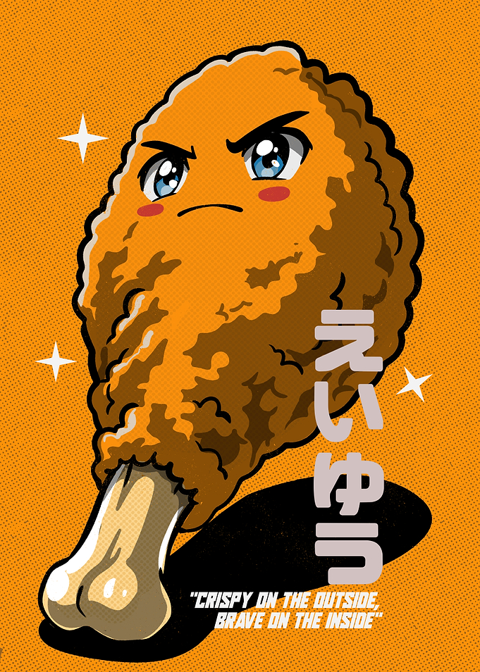 Fried Chicken Drumstick Anime Style Retro Vintage Illustration