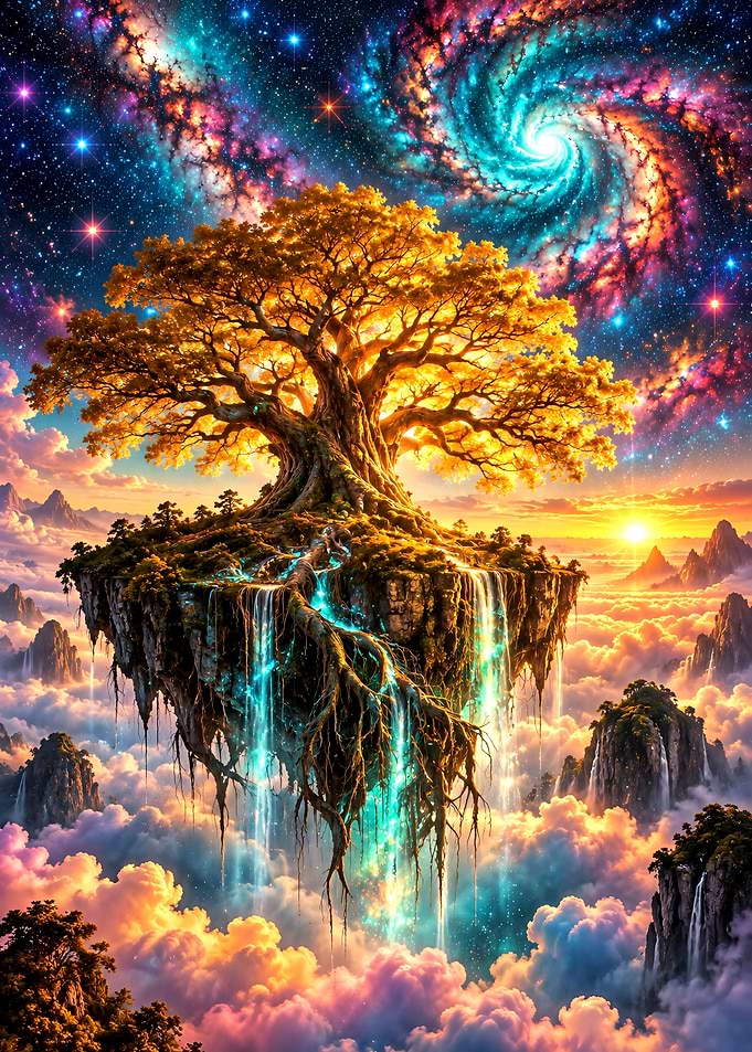Floating Golden Tree in Cosmic Sky