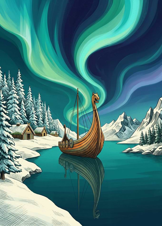 Viking Ship Under Northern Lights Nordic Landscape Digital Illustration