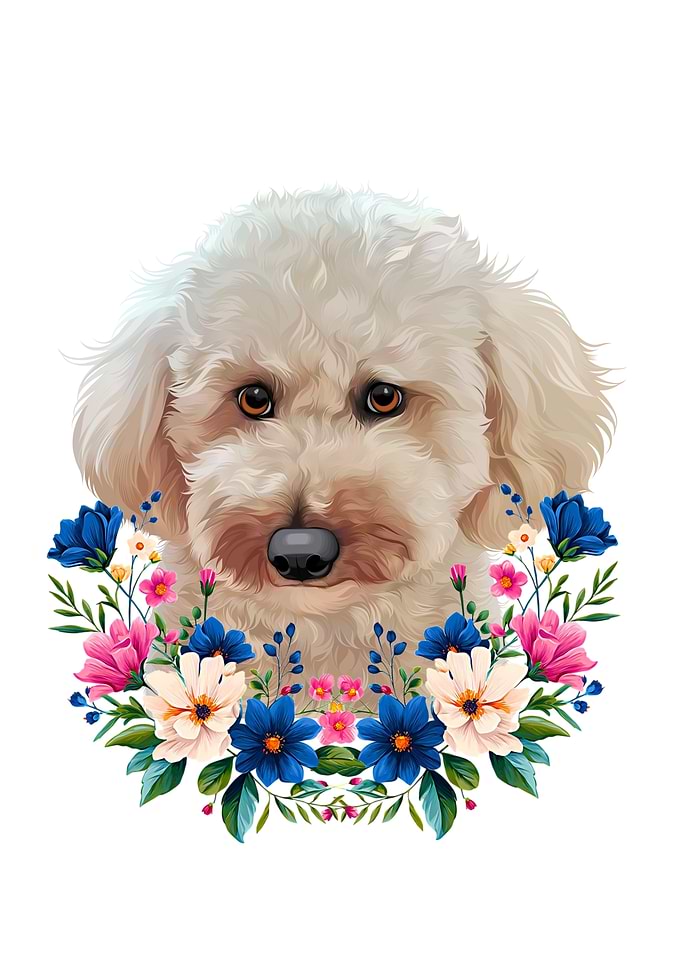 Cute Poodle Portrait with Floral Wreath