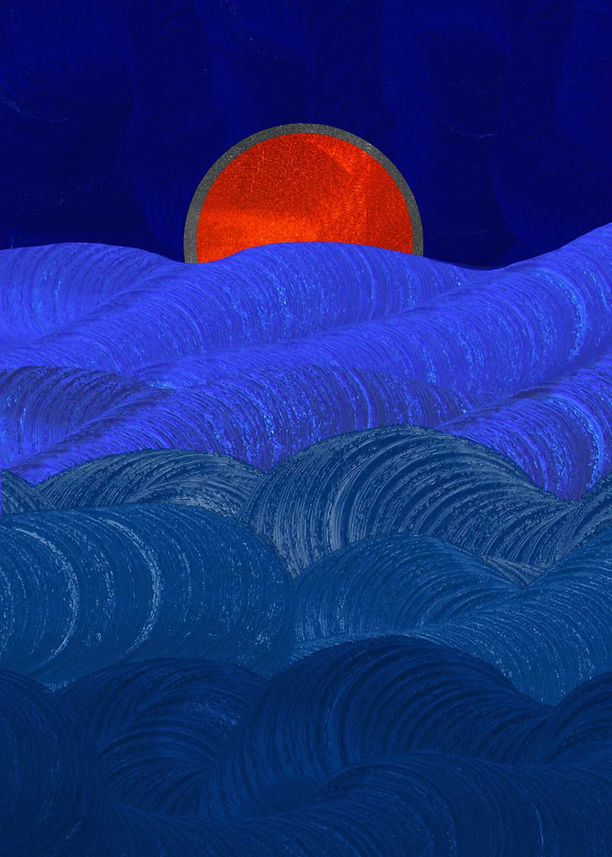 Abstract Red Sun Over Blue Waves