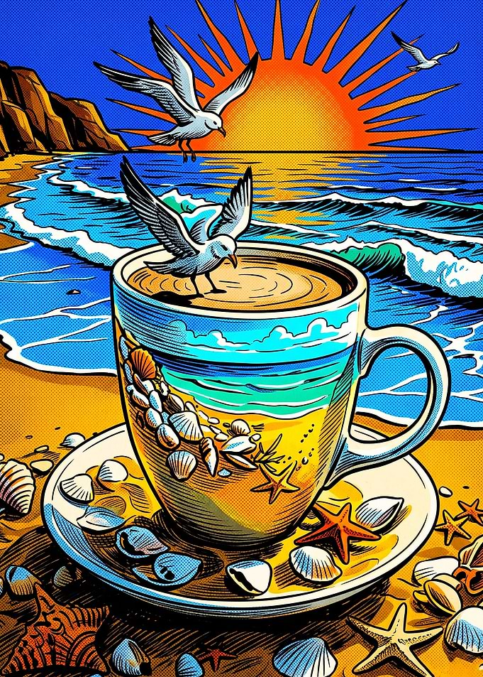 Coffee Beach Seagull Retro Art