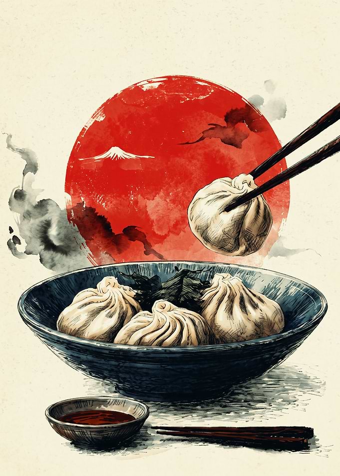 Steamed Dumplings Japanese Food Bowl Red Sun Art Print Japanese Watercolor Style
