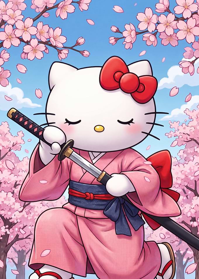 Hello Kitty Samurai in Cherry Blossoms