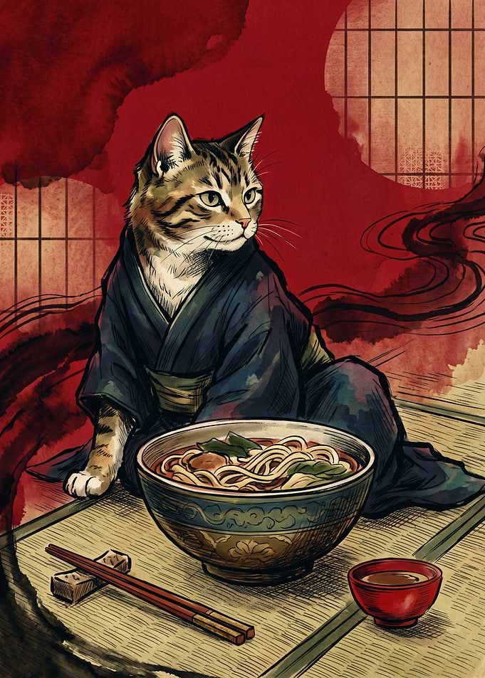 Samurai Cat Eating Ramen Japanese Art Print