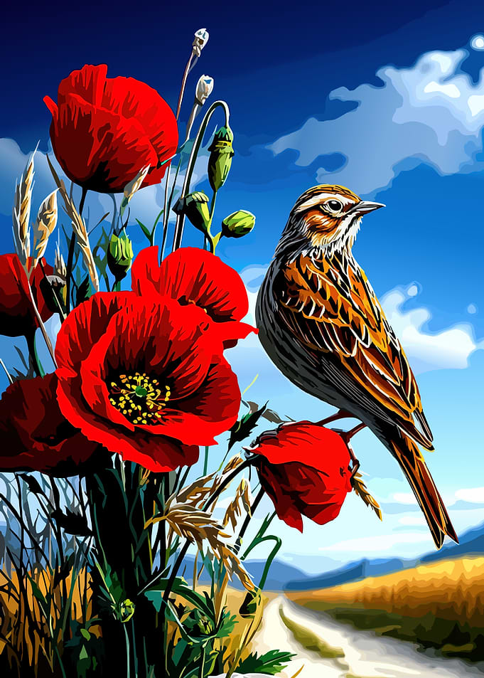 Bird Perched on Red Poppies