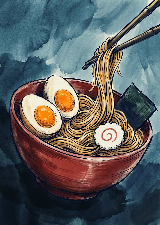Chopsticks Lifting Japanese Ramen Noodles Food Watercolor Illustration Art Style
