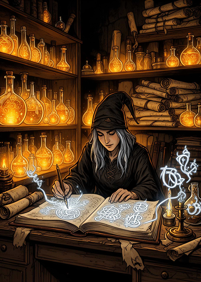 Wizard Writing Magical Runes in Book