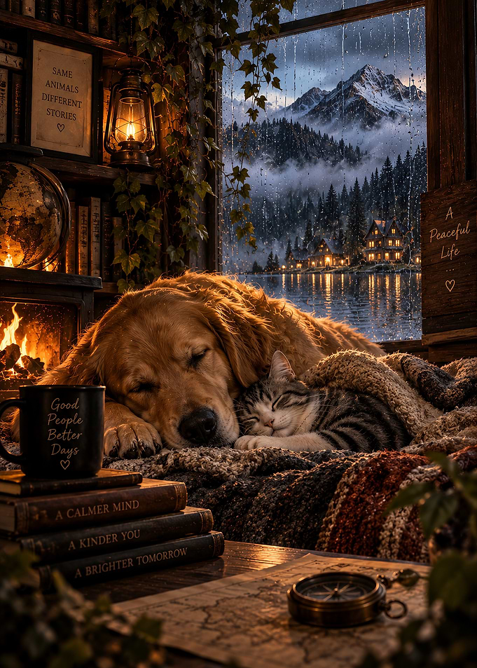 Cozy Golden Retriever and Cat Sleeping