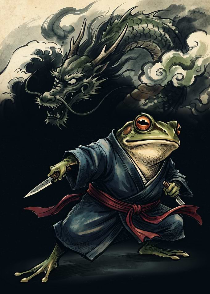 Samurai Frog And Dragon Japanese Ink Art