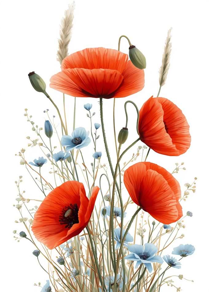 Vibrant Red Poppies and Blue Flowers