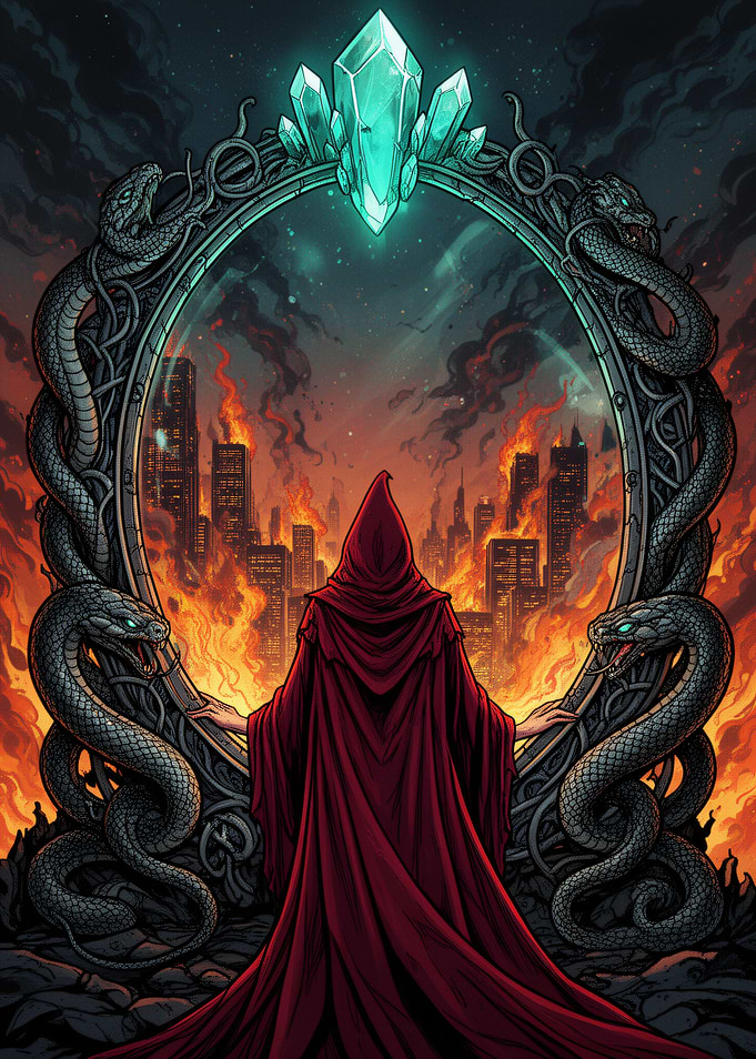 Hooded Figure Before Burning City Mirror