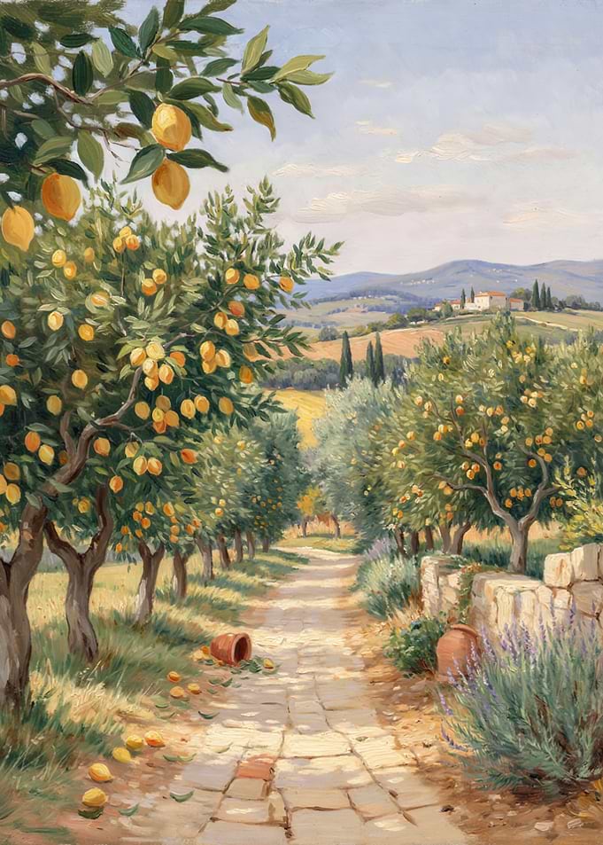 Sunny Mediterranean Lemon Orchard Path