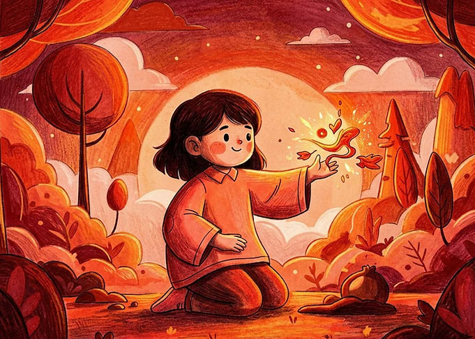 Girl Conjuring Magic in Autumn Forest