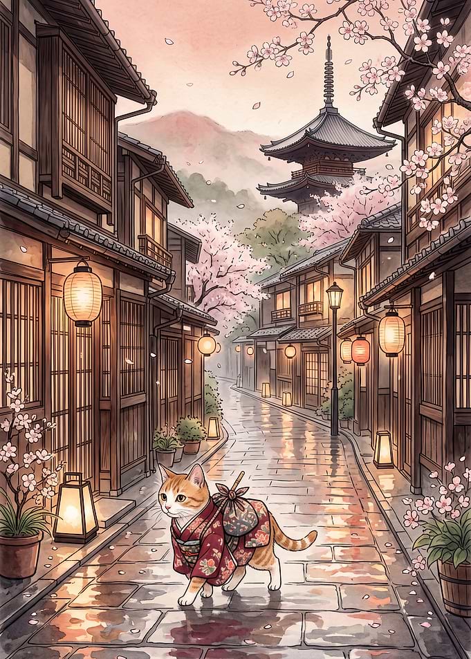 Cat in Kimono Walking Through Kyoto