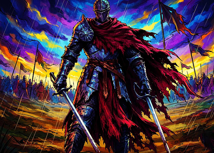 Knight Dual Swords Epic Art Poster