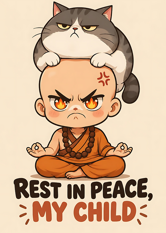Angry Monk Child with Grumpy Cat
