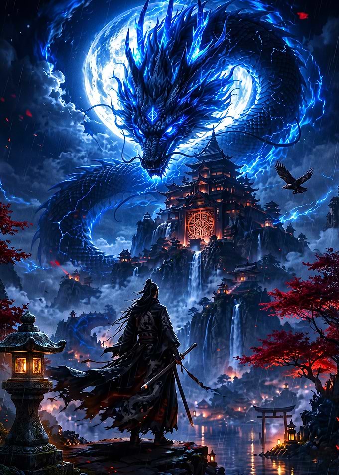 Blue Dragon Samurai Fantasy Poster