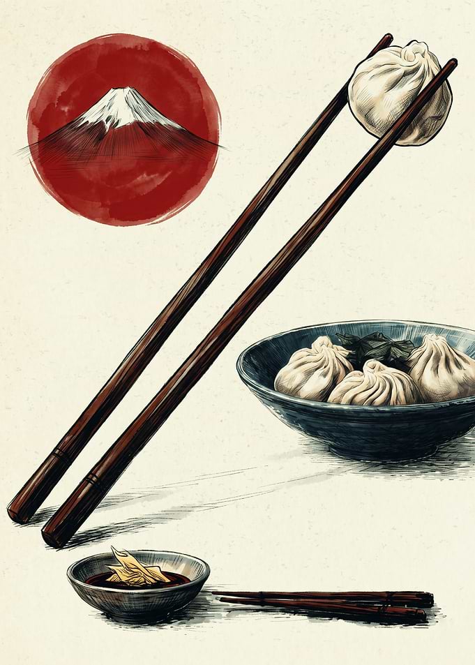 Japanese Dumpling And Mt Fuji Food Japanese Style Ink Sketch