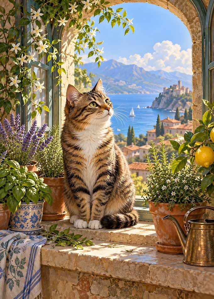 Tabby Cat Sitting in Mediterranean Window