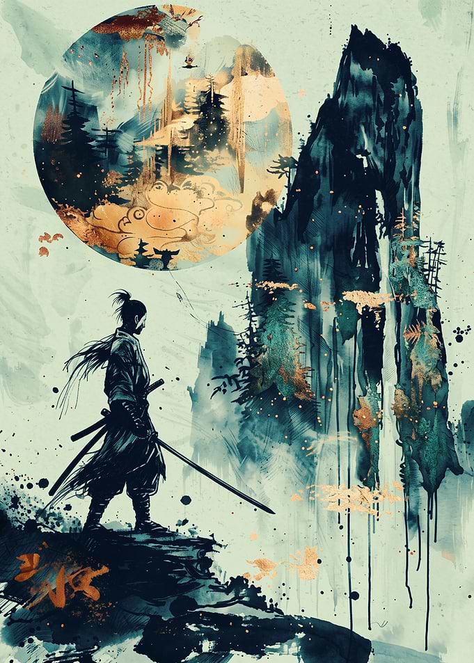 Samurai Mountain Landscape Japanese Art Print Watercolor Ink