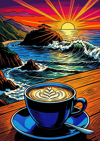 Coffee Ocean Sunset Retro Art Poste