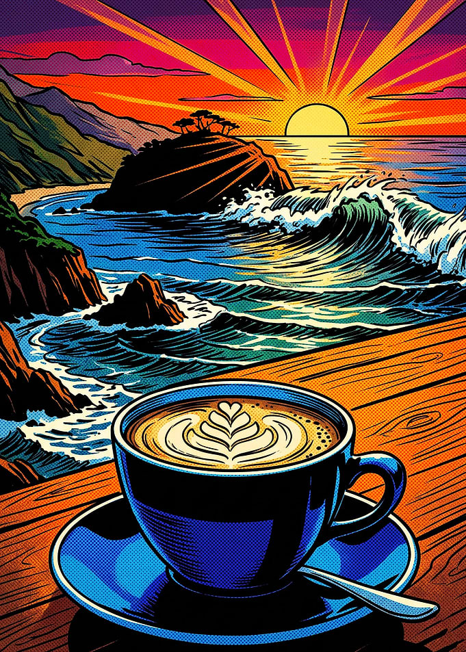 Coffee Ocean Sunset Retro Art Poste