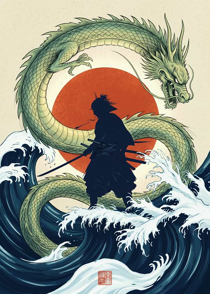 Samurai Dragon Japanese Art Wave Ukiyo E Style Print