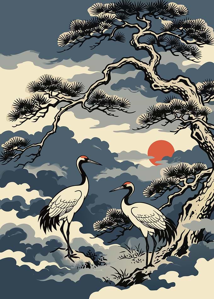 Japanese Cranes and Pine Tree Art
