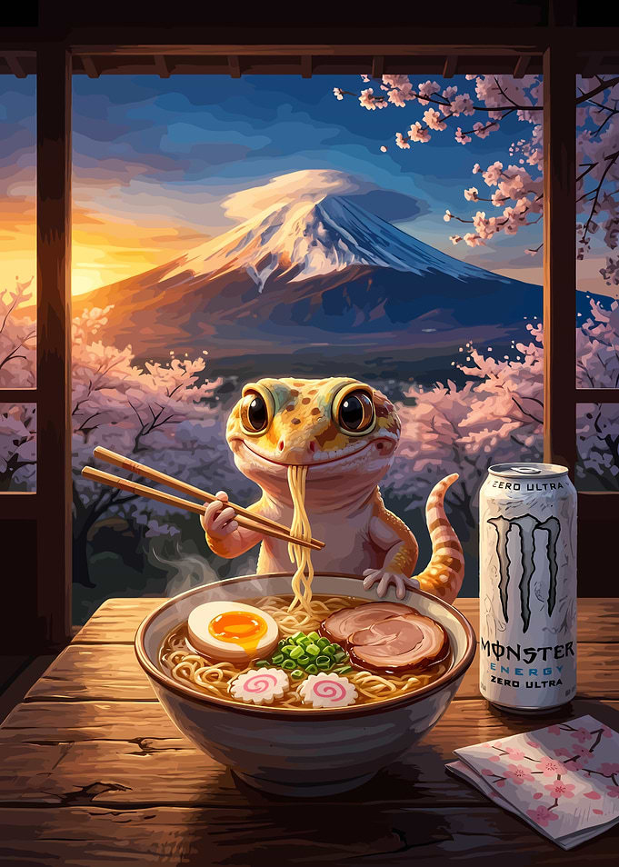 Gecko Eating Ramen with Monster Energy