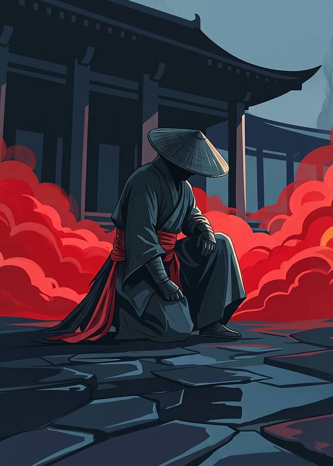 Kneeling Ninja Warrior In Red Smoke Japanese Samurai Art Digital Illustration