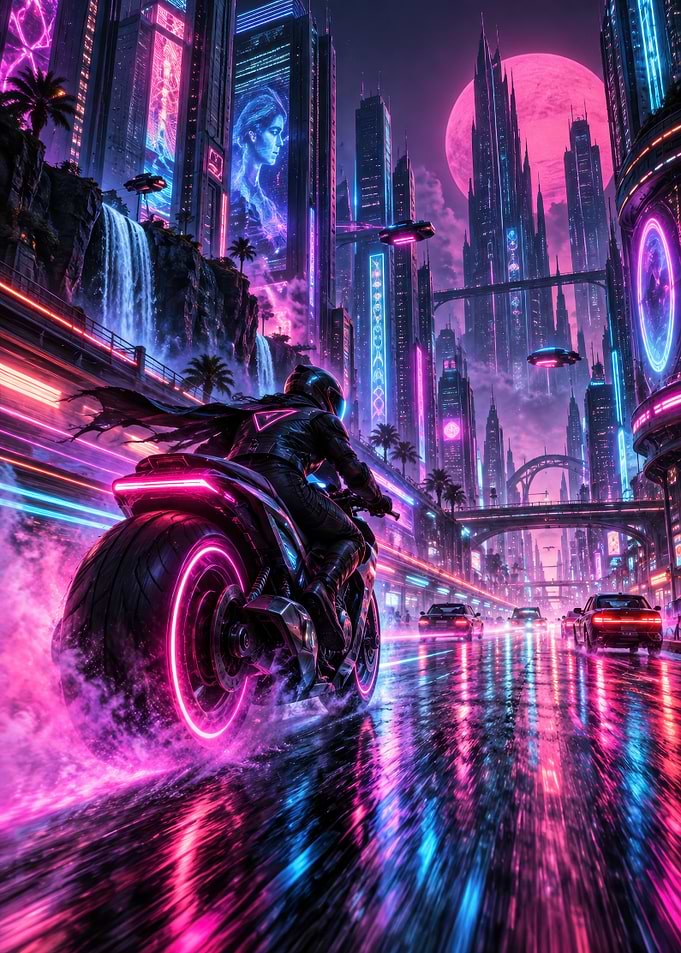 Cyberpunk Neon City Motorcycle Ride