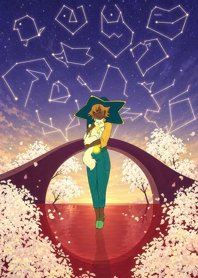 Witch and Cat Under Starry Sky