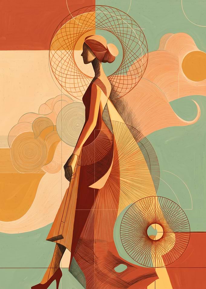 Elegant Woman Geometric Art Deco Vintage Retro Abstract Fashion Illustration