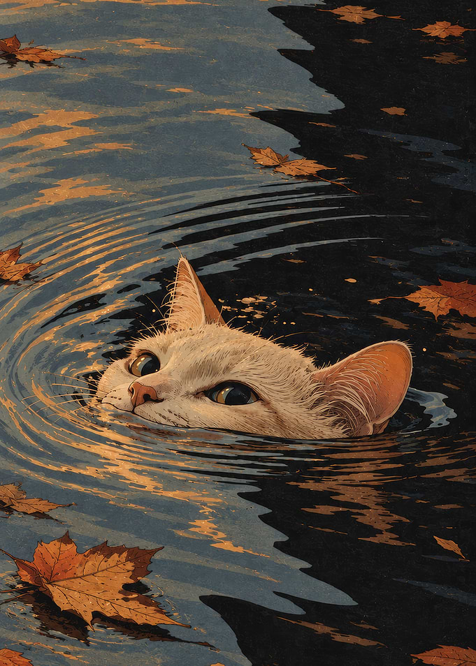 Cat Swimming in Autumn Leaves