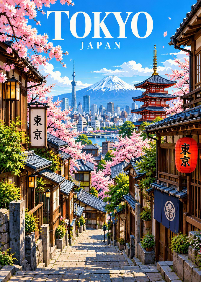 Tokyo Japan Cherry Blossom Travel Poster