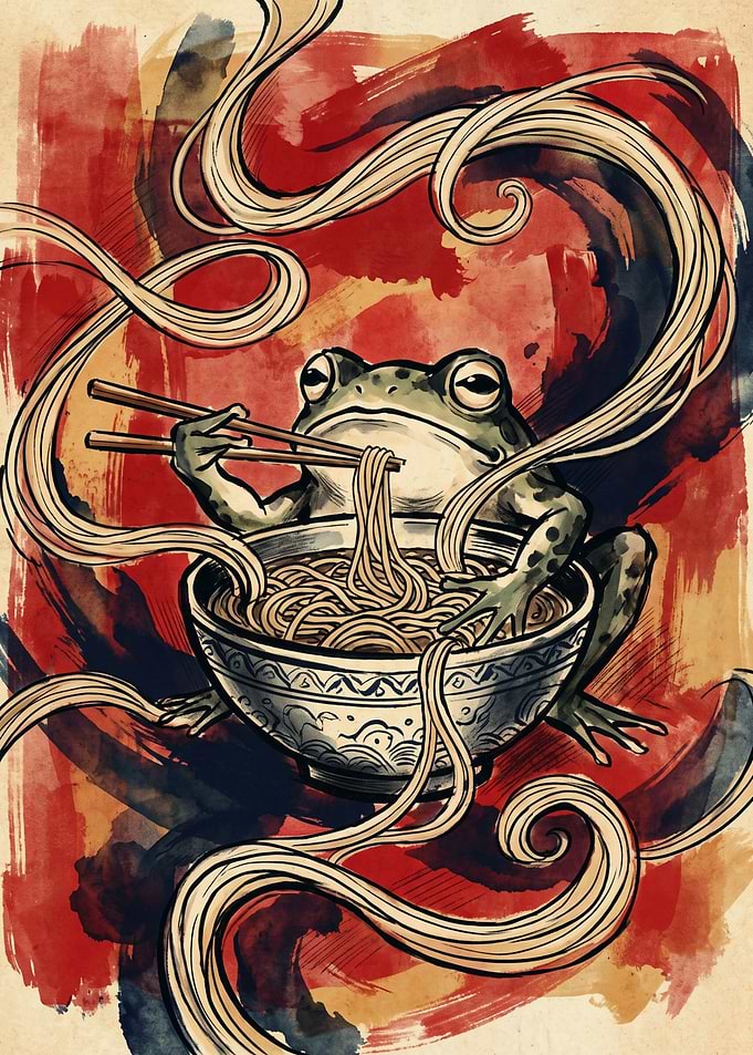 Frog Eating Noodles Ramen Food Animals Japanese Watercolor Painting Art