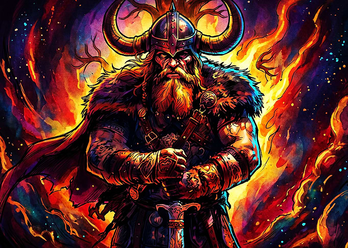 Viking Warrior Flame Neon Poster