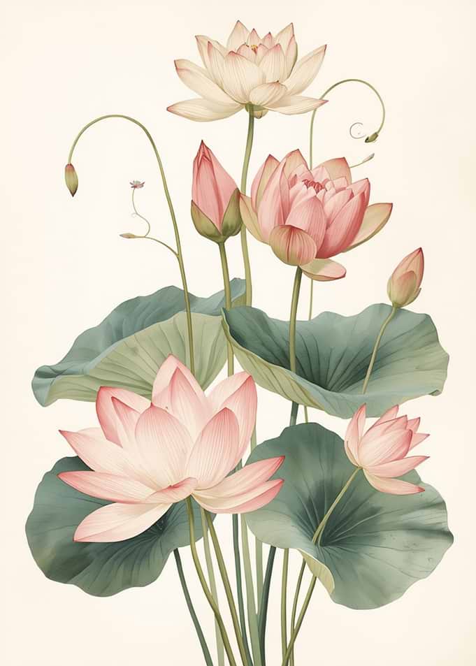 Elegant Pink Lotus Flower Botanical Illustration