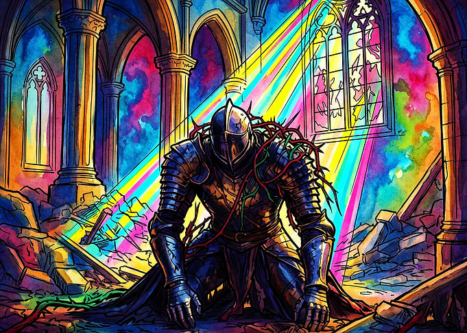 Knight Ruins Watercolor Neon Art