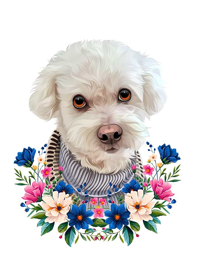 White Dog Portrait with Floral Wreath