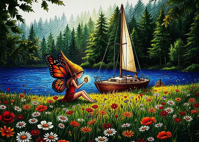Fairy with Glowing Acorn by Lake